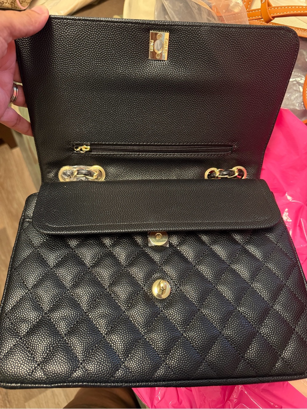 Black Quilted Leather Shoulder Top-Handle Bag with Gold Hardware - Picture 2 of 4